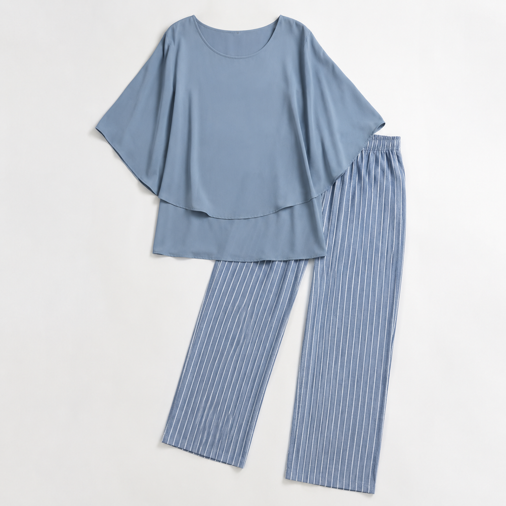 Procida Chiffon Overlay Two-Piece Trouser Set — Blue Pinstripe