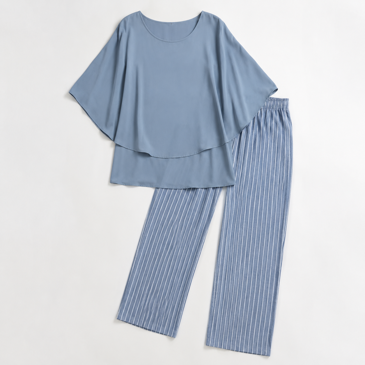 Procida Chiffon Overlay Two-Piece Trouser Set — Blue Pinstripe