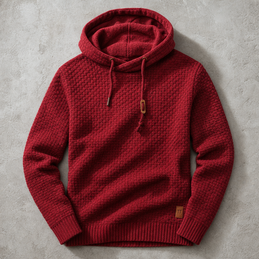 Cortina Waffle-Knit Cowl-Neck Pullover Hoodie — Red
