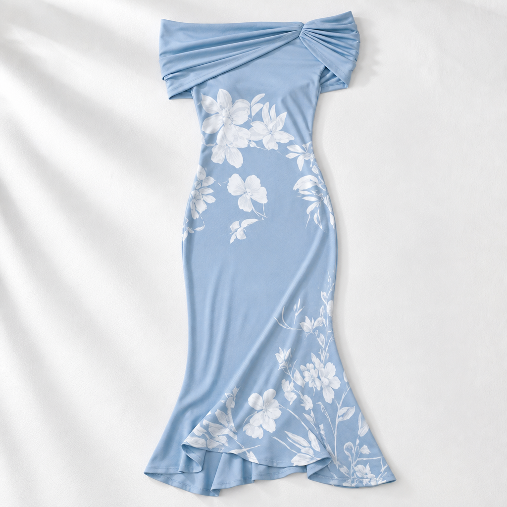 Liguria Off-Shoulder Floral Mermaid Midi Dress — Blue
