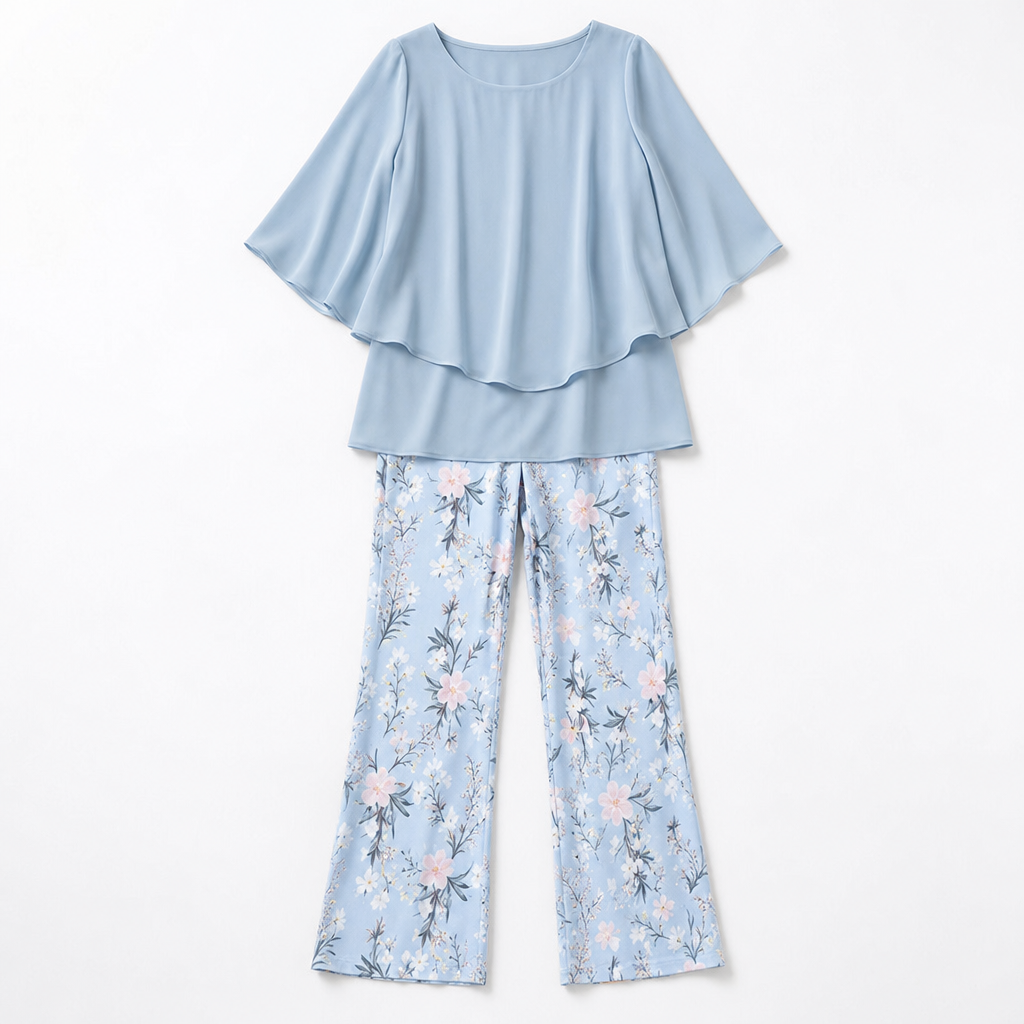 Procida Chiffon Overlay Two-Piece Trouser Set — Powder Blue Floral