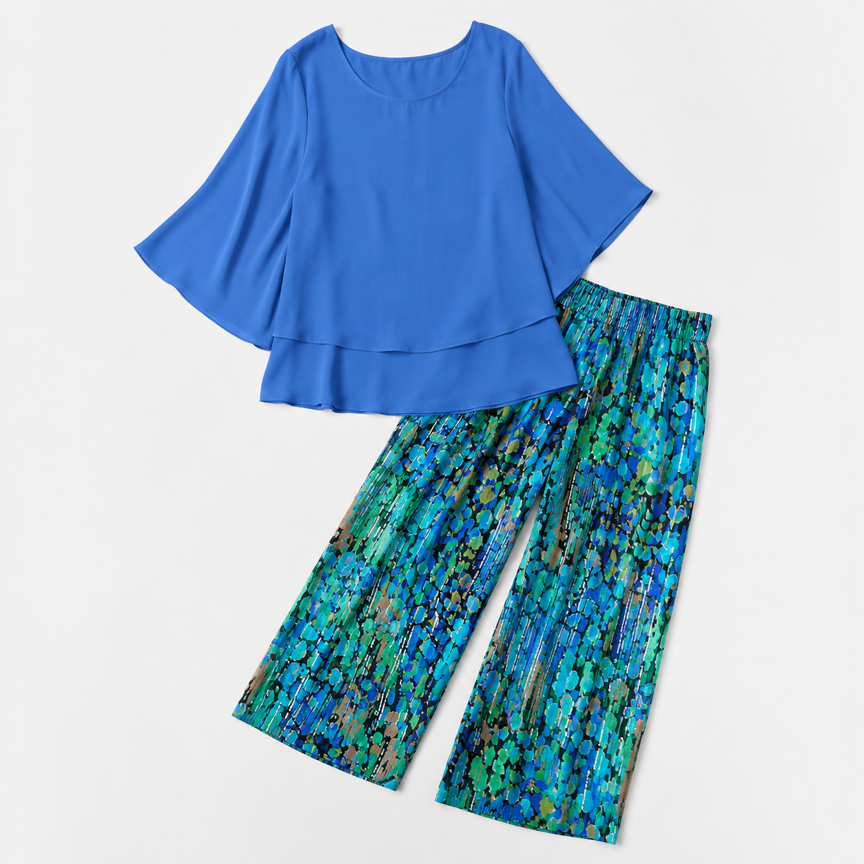 Procida Chiffon Overlay Two-Piece Trouser Set — Cobalt Multi