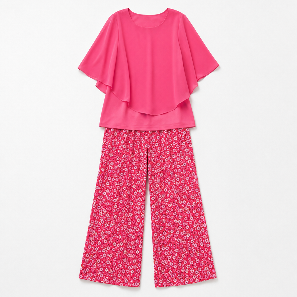 Procida Chiffon Overlay Two-Piece Trouser Set — Fuchsia Ditsy