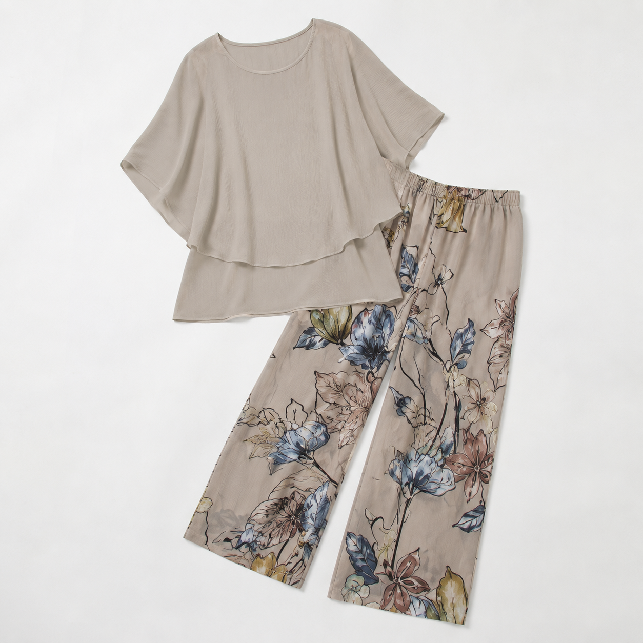 Procida Chiffon Overlay Two-Piece Trouser Set — Taupe Floral