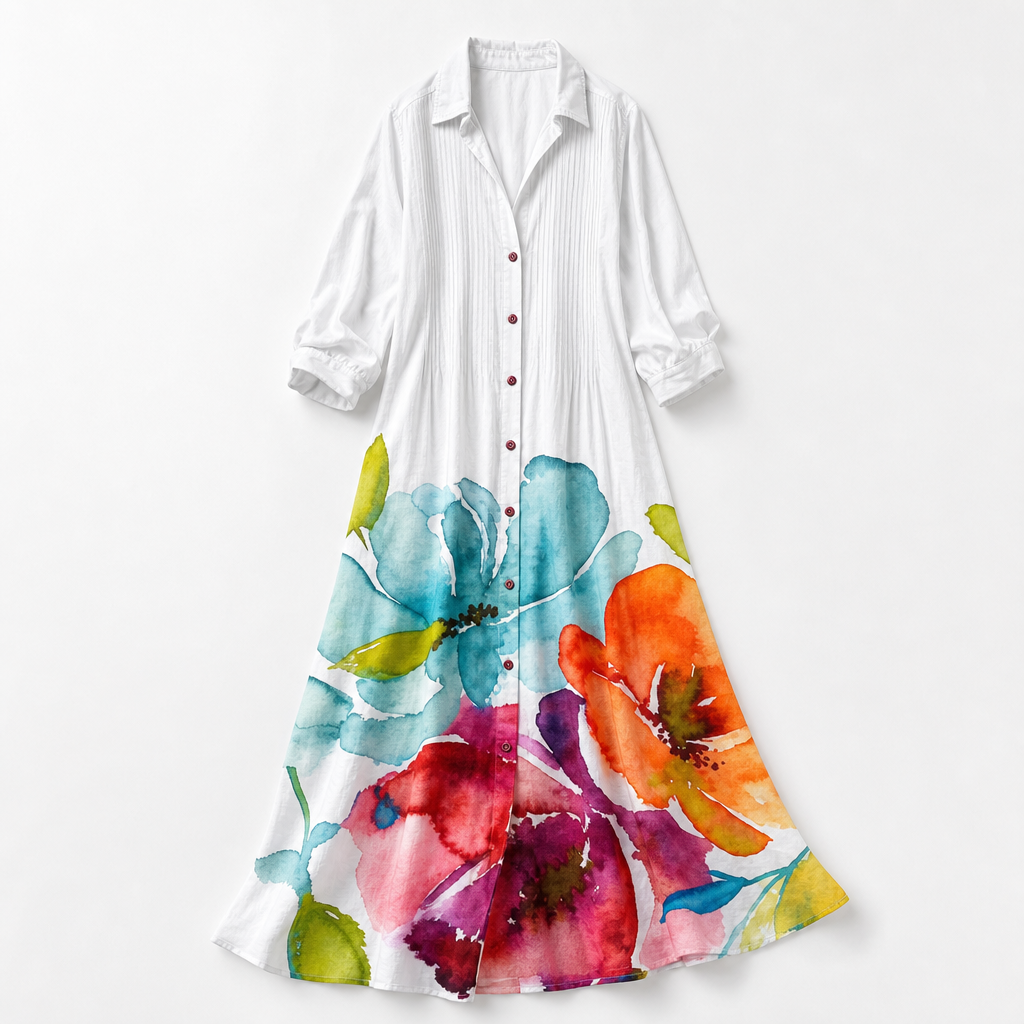 Sardinia Leaf-Print Button-Front Boho Maxi Dress — White