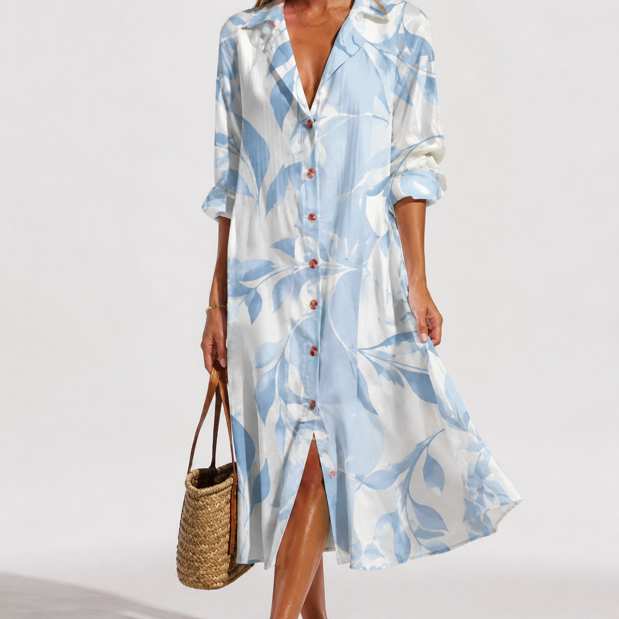 Sardinia Leaf-Print Button-Front Boho Maxi Dress — MODEL