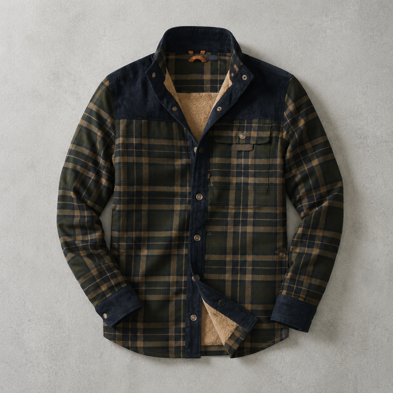 Brunico Check-Flannel Sherpa-Lined Field Overshirt — Light Army Green