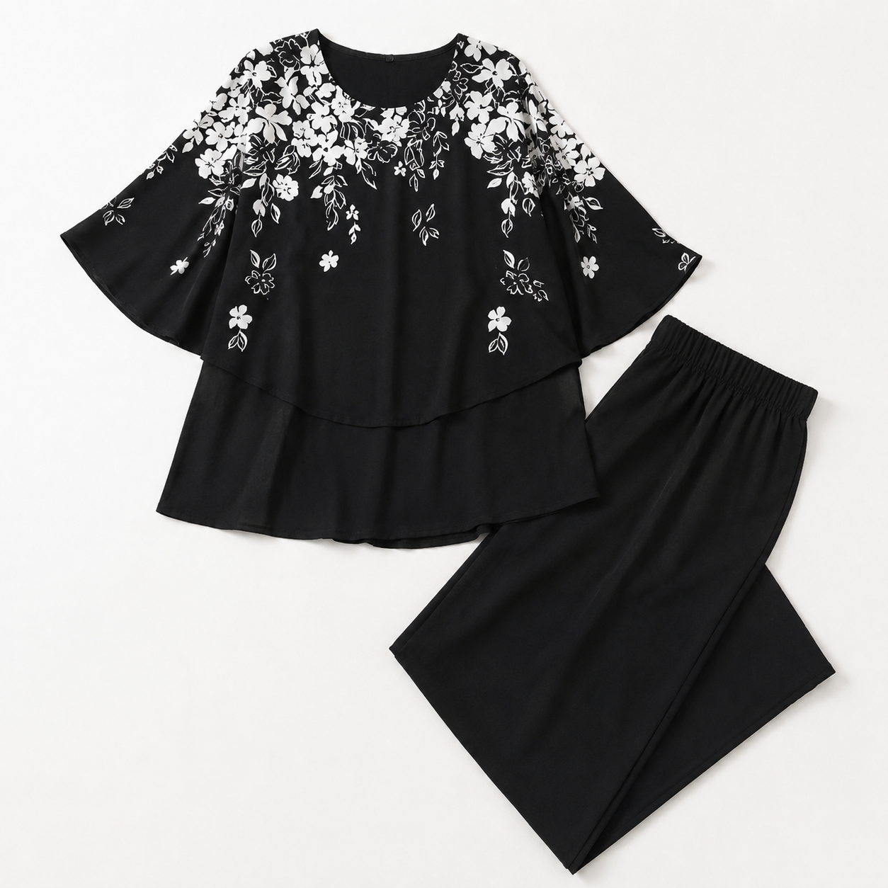 Procida Chiffon Overlay Two-Piece Trouser Set — Black Blossom