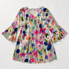 Ischia Watercolour Floral Bell-Sleeve Mini Dress — Multicolored