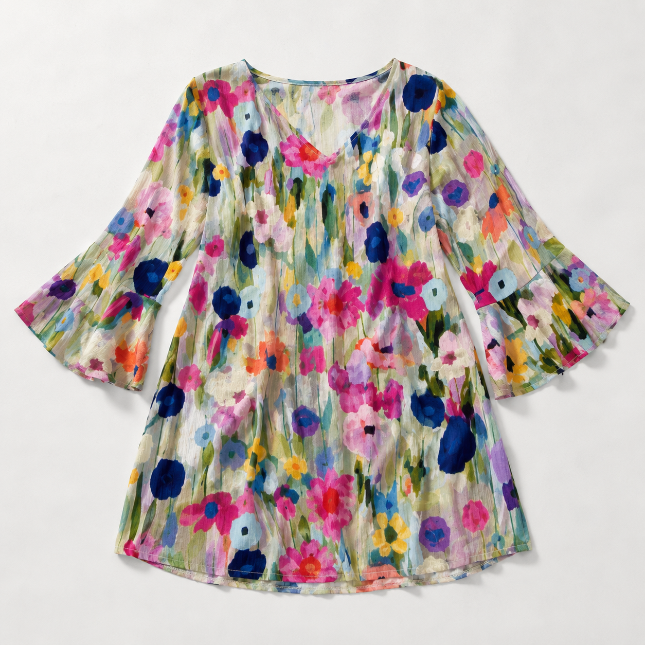 Ischia Watercolour Floral Bell-Sleeve Mini Dress — Multicolored