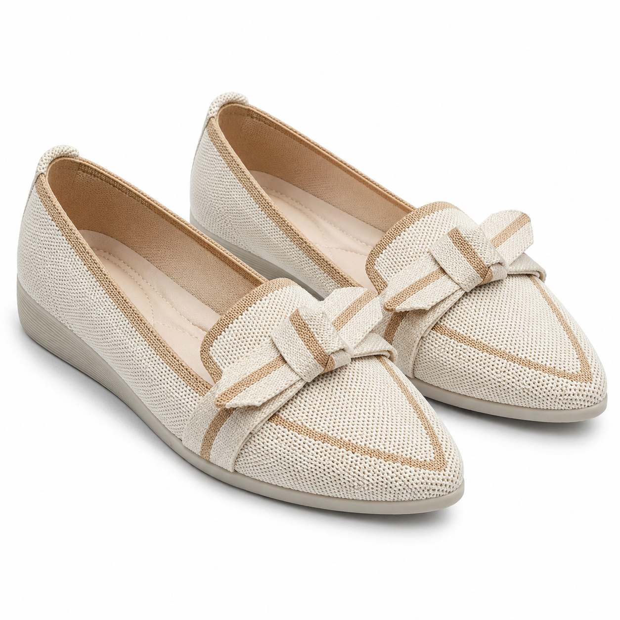 Capri Knit Pointed-Toe Knot Flat — Beige