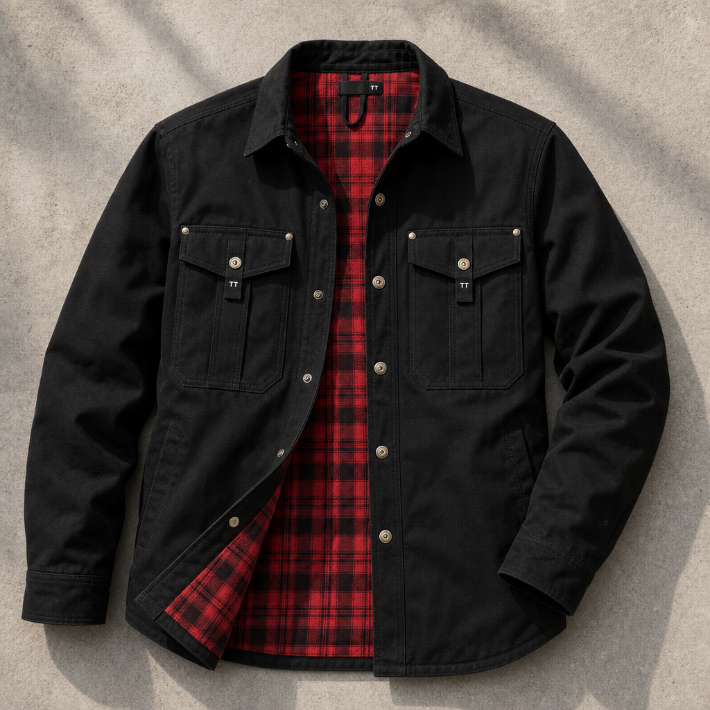 Davos Flannel-Lined Overshirt Shacket — BLACK