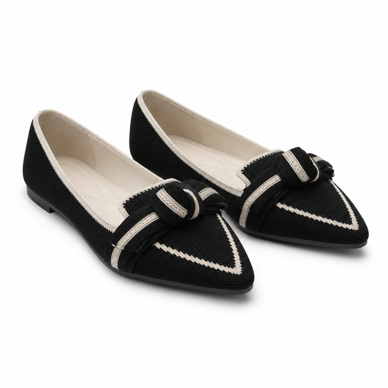 Capri Knit Pointed-Toe Knot Flat — Black