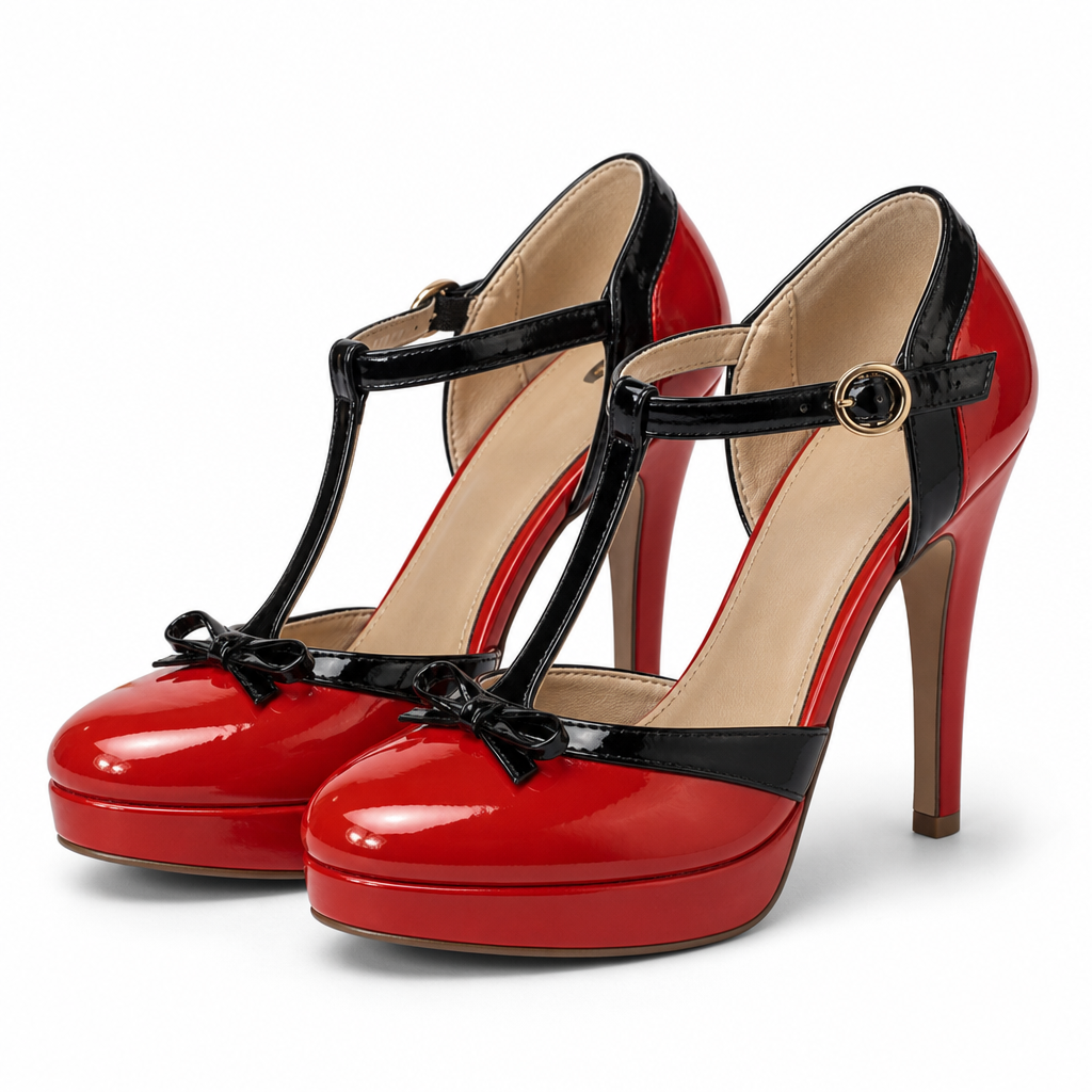 Portofino T-Strap Round-Toe Platform Block Heel — Red
