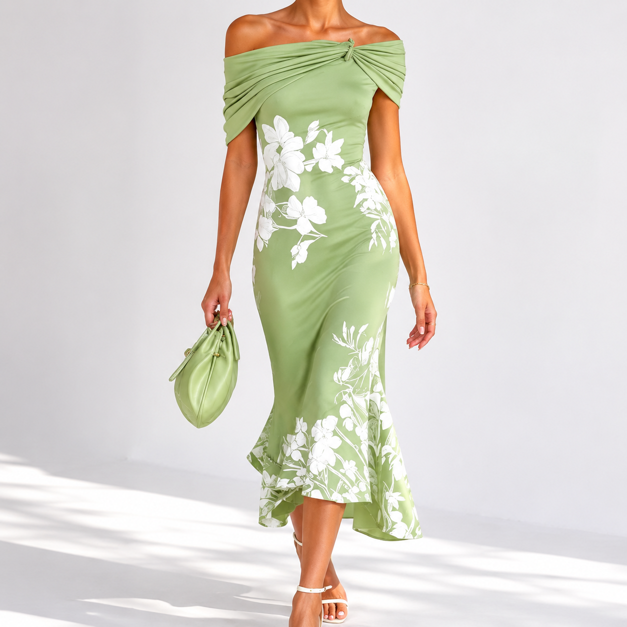 Liguria Off-Shoulder Floral Mermaid Midi Dress — MODEL