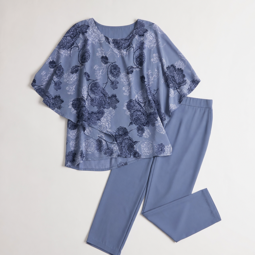 Procida Chiffon Overlay Two-Piece Trouser Set — Blue Rose