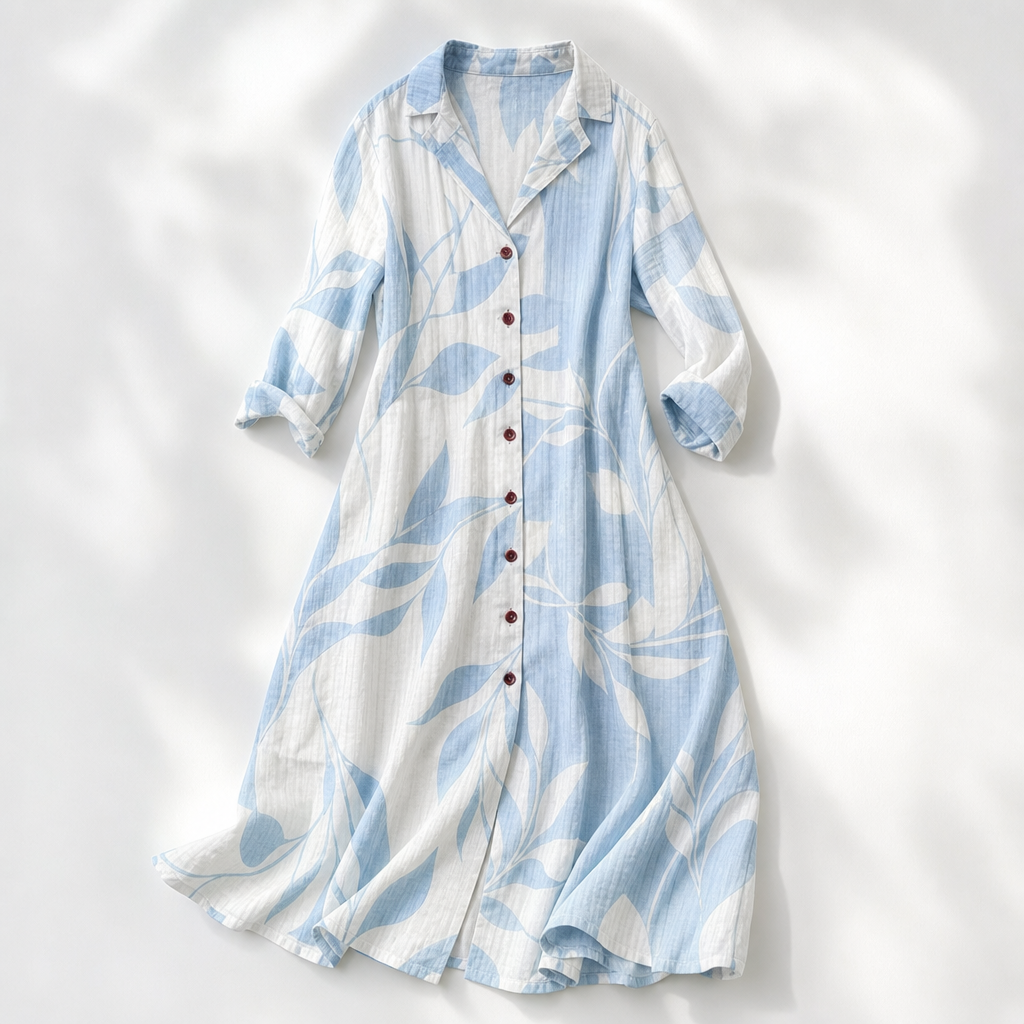 Sardinia Leaf-Print Button-Front Boho Maxi Dress — Skyblue
