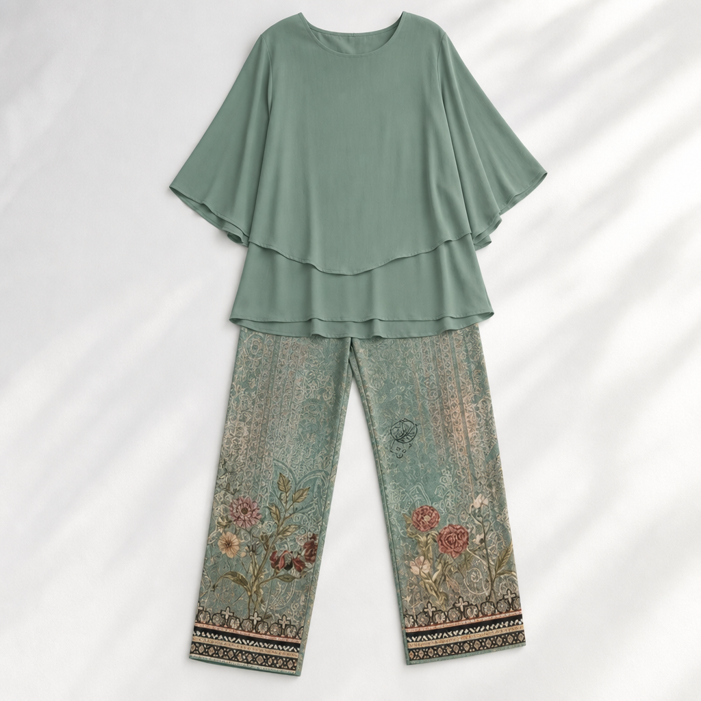 Procida Chiffon Overlay Two-Piece Trouser Set — Sage Tapestry