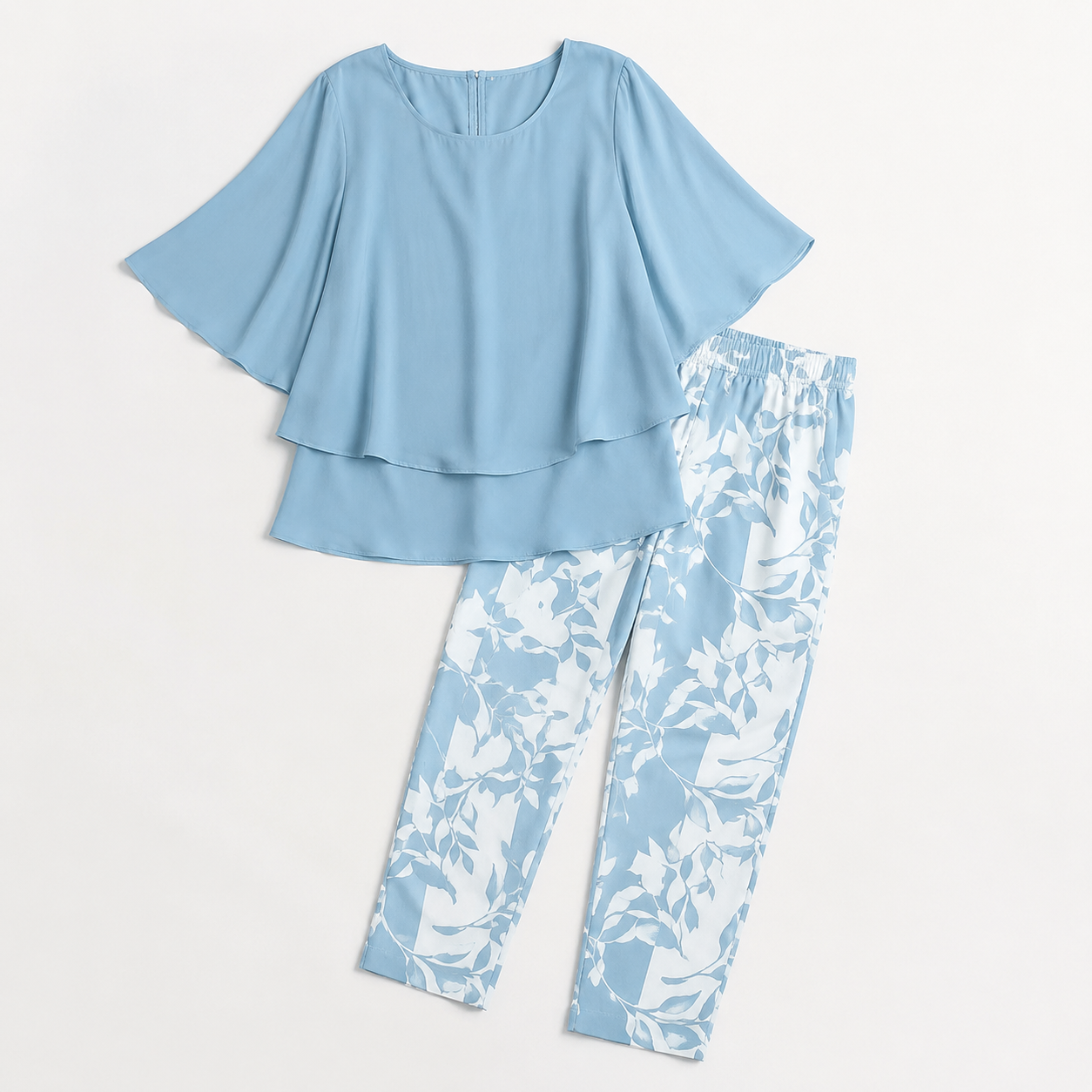 Procida Chiffon Overlay Two-Piece Trouser Set — Sky Blue Leaf