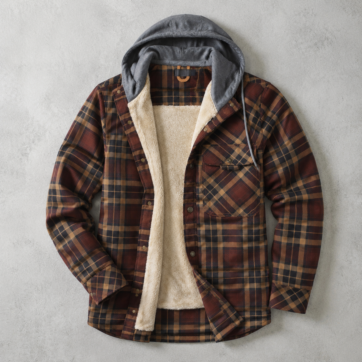 Aosta Plaid Sherpa Hooded Shirt-Jacket — RED WINE