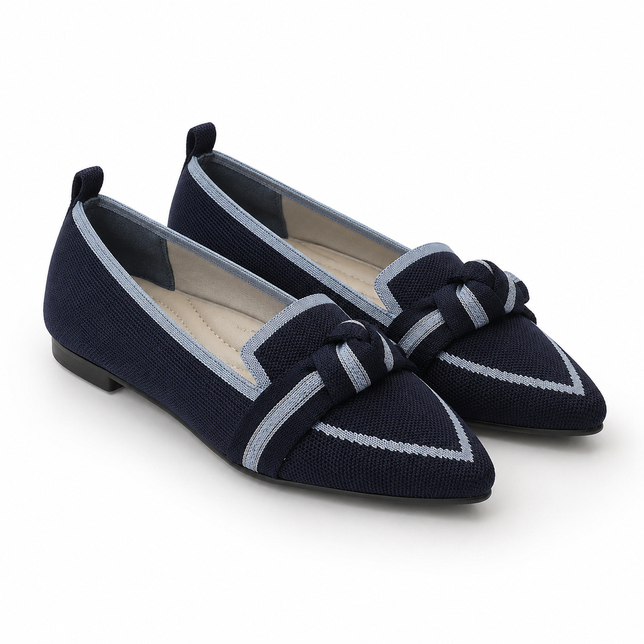 Capri Knit Pointed-Toe Knot Flat — Dark Blue