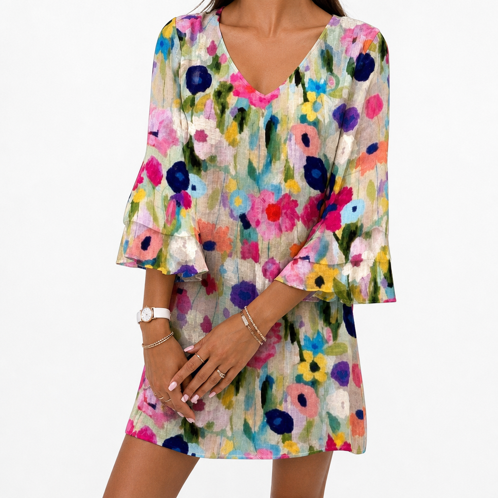 Ischia Watercolour Floral Bell-Sleeve Mini Dress — MODEL