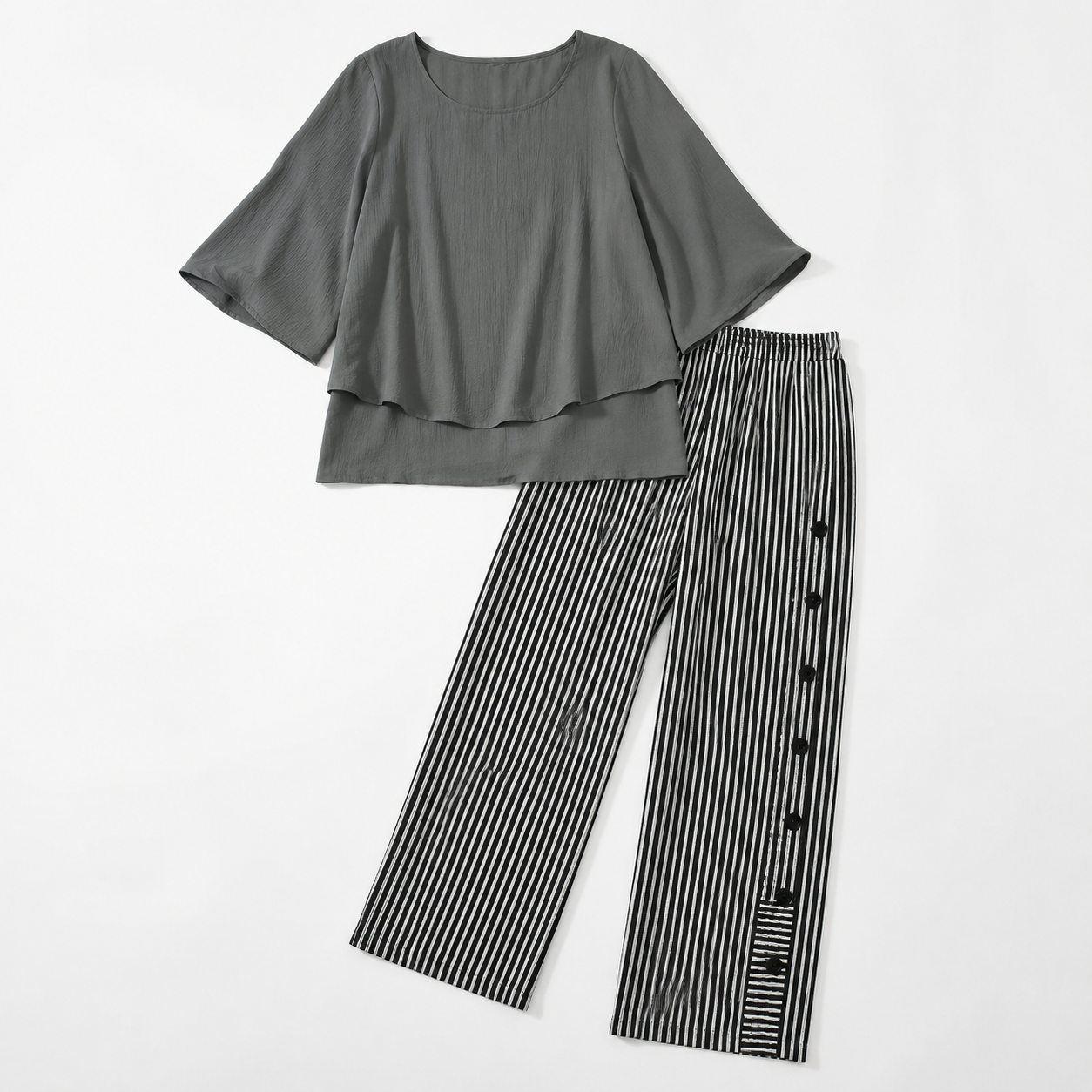 Procida Chiffon Overlay Two-Piece Trouser Set — Mono Stripe