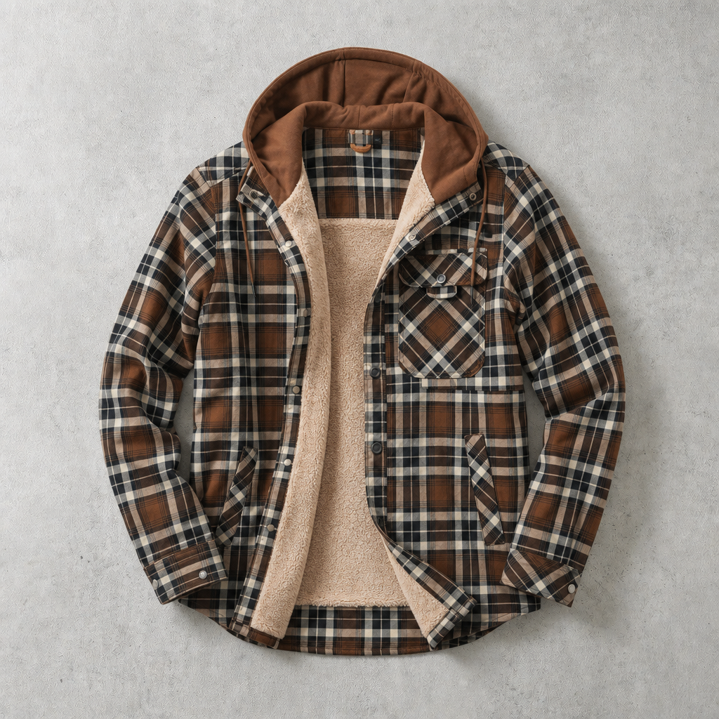 Aosta Plaid Sherpa Hooded Shirt-Jacket — BROWN
