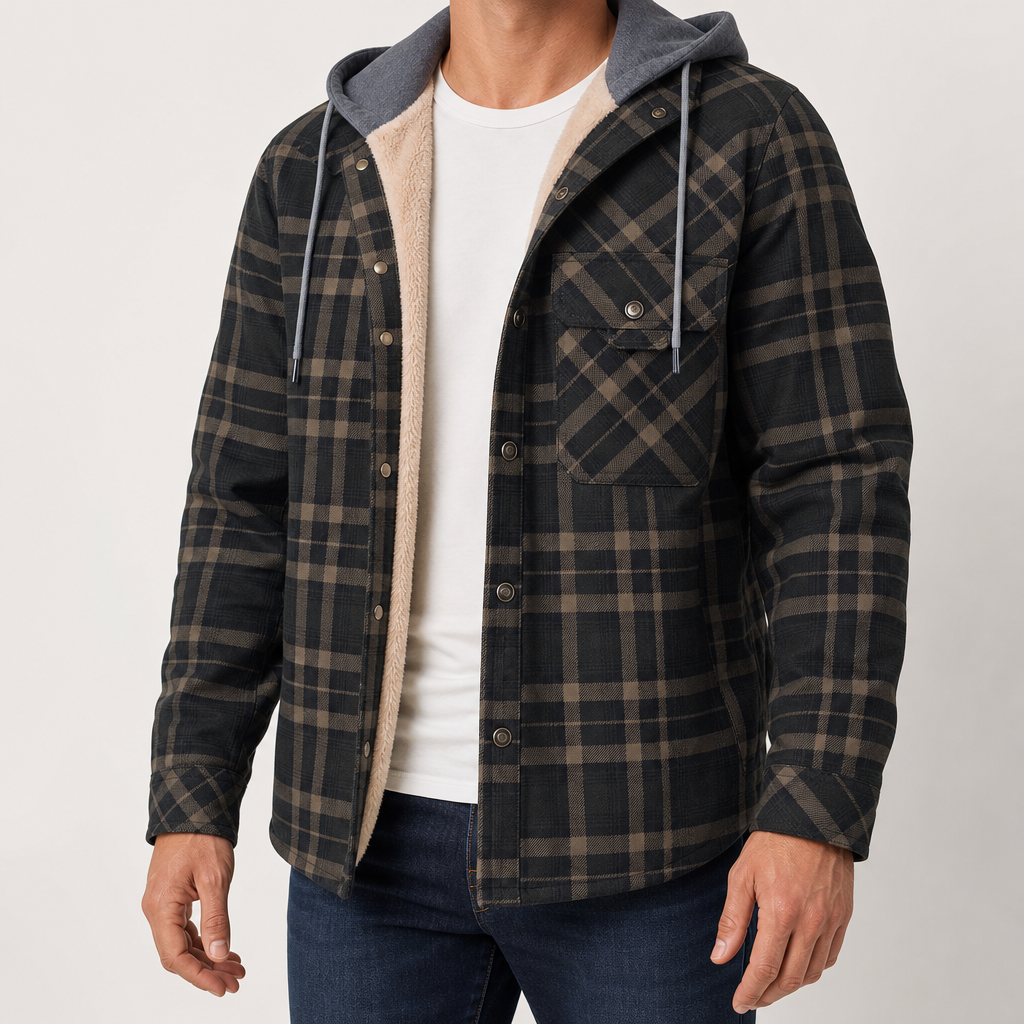 Aosta Plaid Sherpa Hooded Shirt-Jacket — MODEL