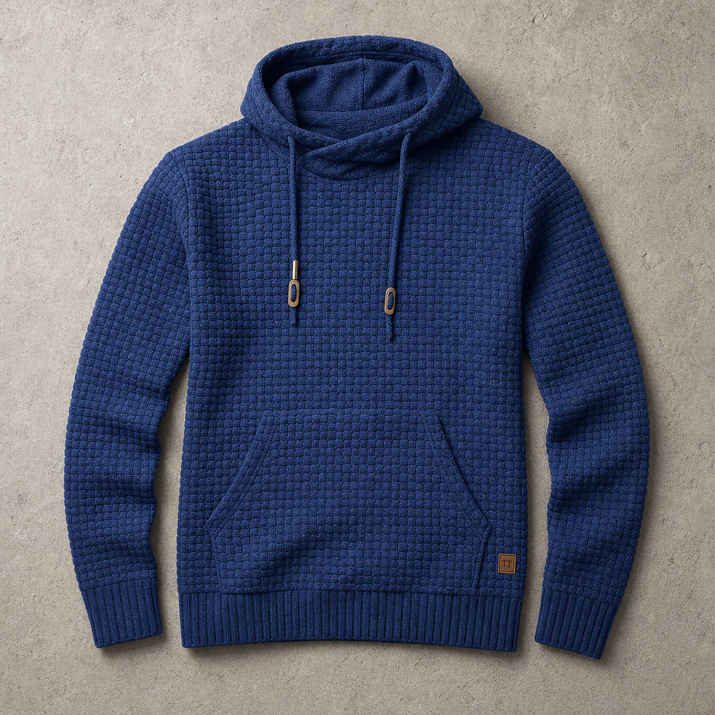 Cortina Waffle-Knit Cowl-Neck Pullover Hoodie — Blue