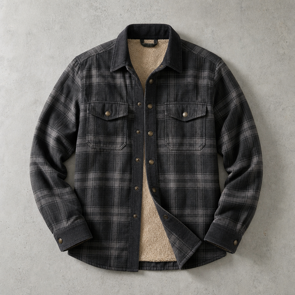 Brunico Check-Flannel Sherpa-Lined Field Overshirt — Dark Gray