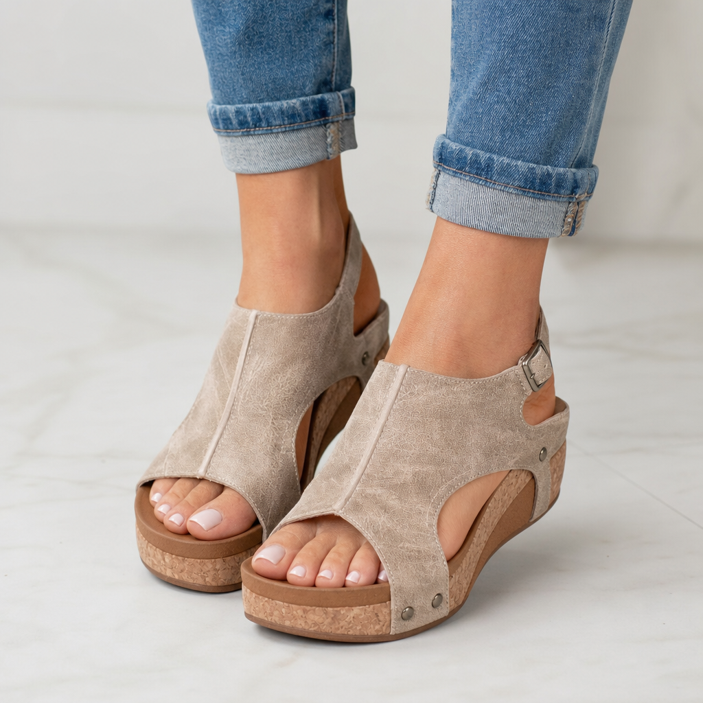 Ravello Peep-Toe Cork Wedge Slingback — ON-FOOT