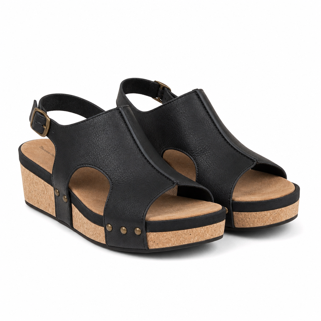 Ravello Peep-Toe Cork Wedge Slingback — Black