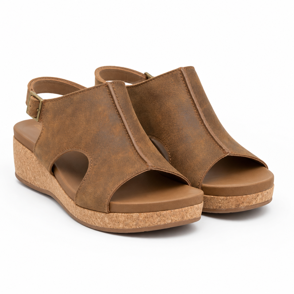 Ravello Peep-Toe Cork Wedge Slingback — Brown
