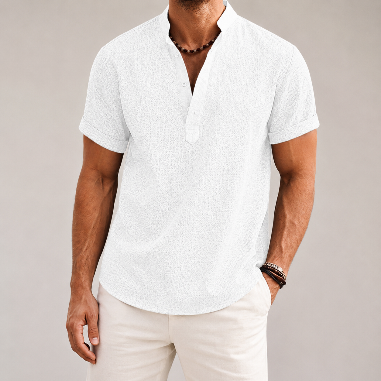 Matera Short Sleeve Band Collar Popover Shirt