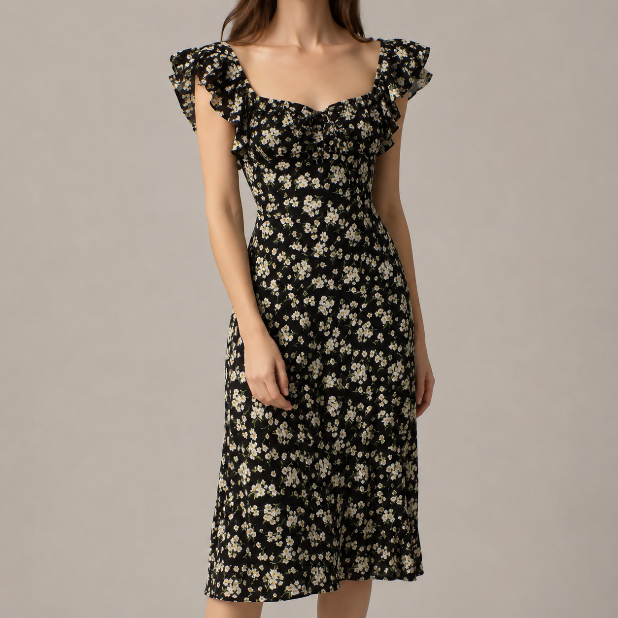 Zermatt Ruffle Neckline Floral Midi Dress