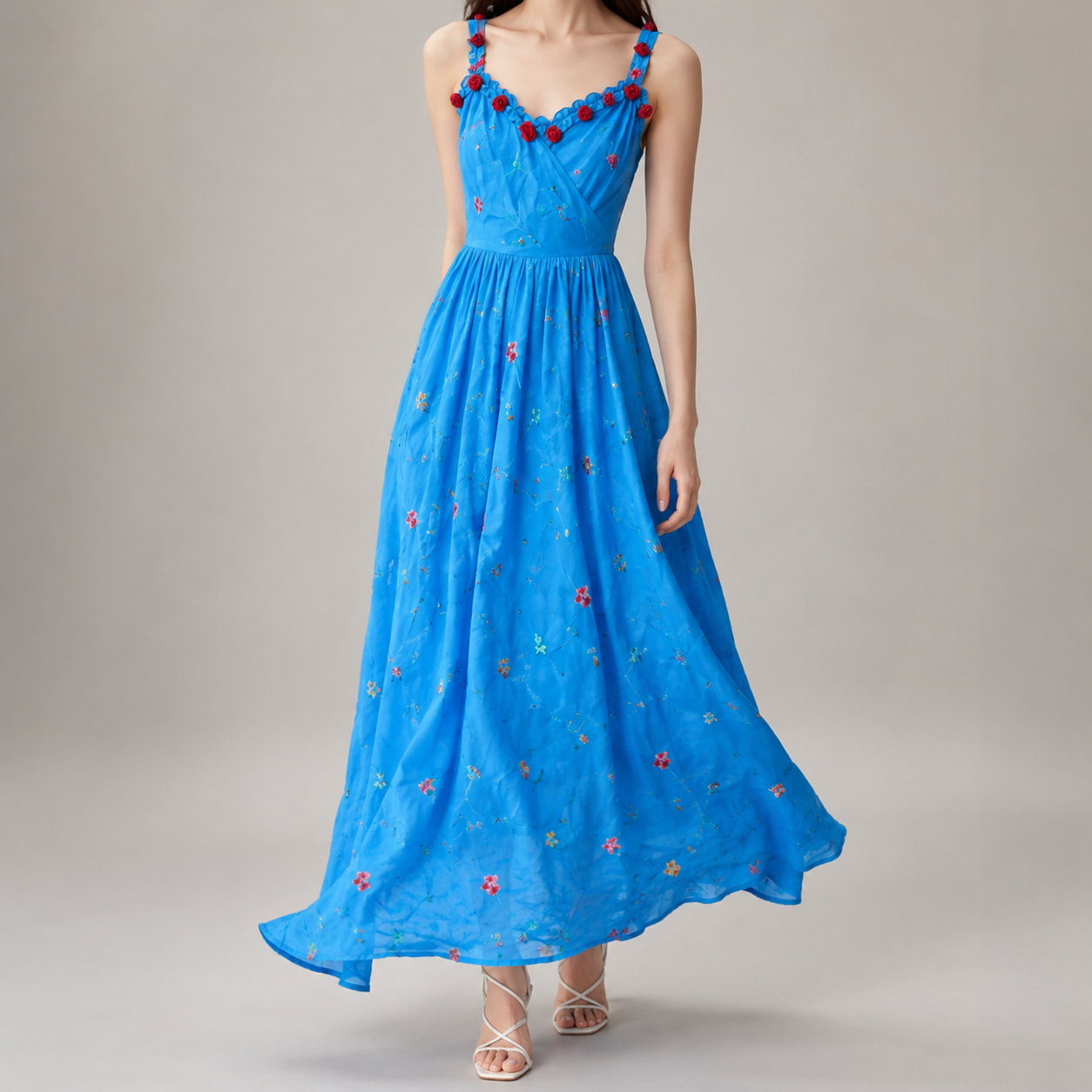 Aosta Rosette Trim Floral Maxi Sundress