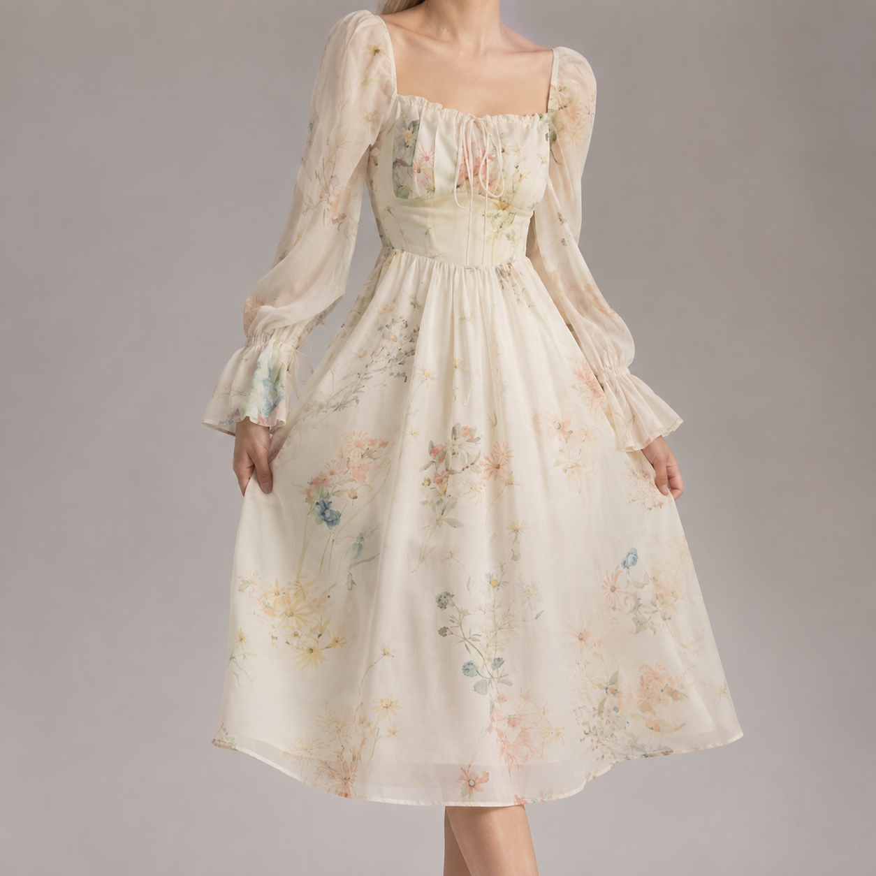 Bolzano Sheer Sleeve Floral Chiffon Midi Dress
