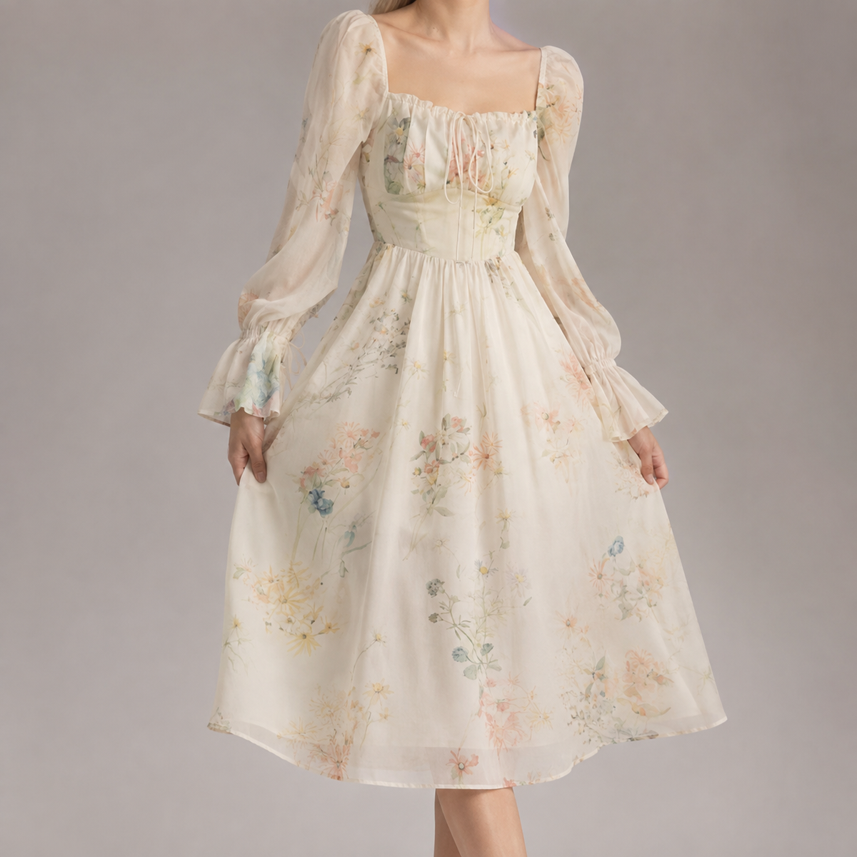 Bolzano Sheer Sleeve Floral Chiffon Midi Dress