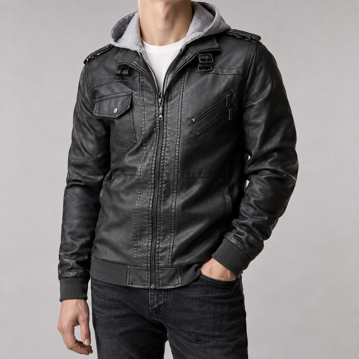 Salamanca Hooded Faux Leather Moto Jacket