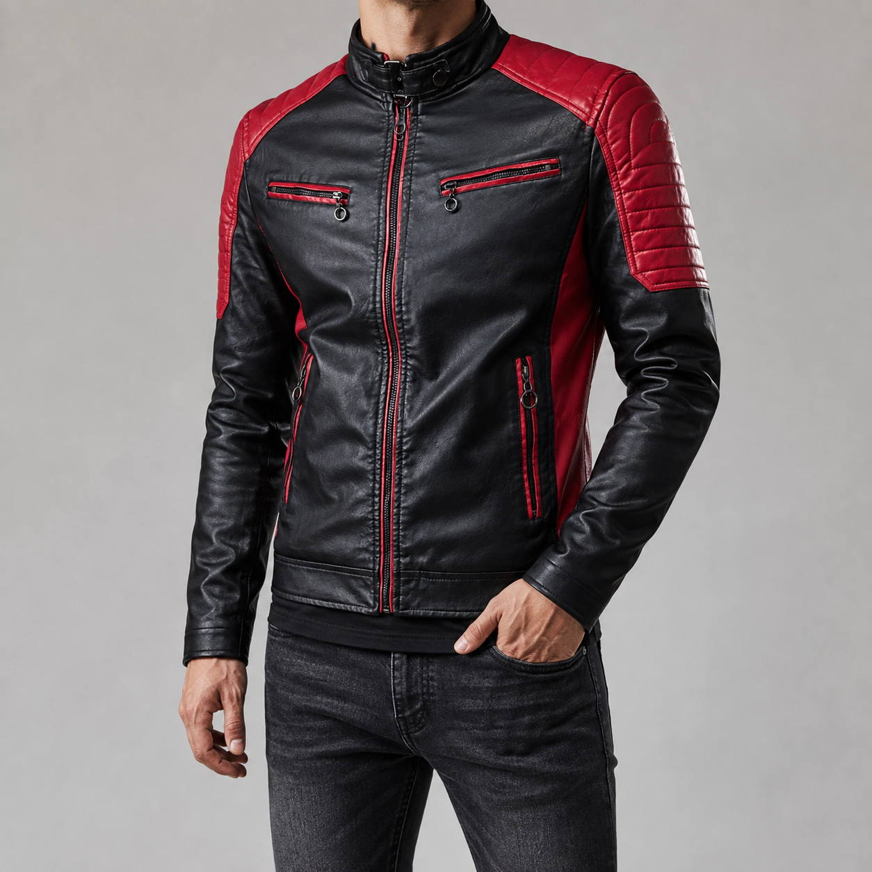 Braga Colour Block Stand Collar Moto Jacket