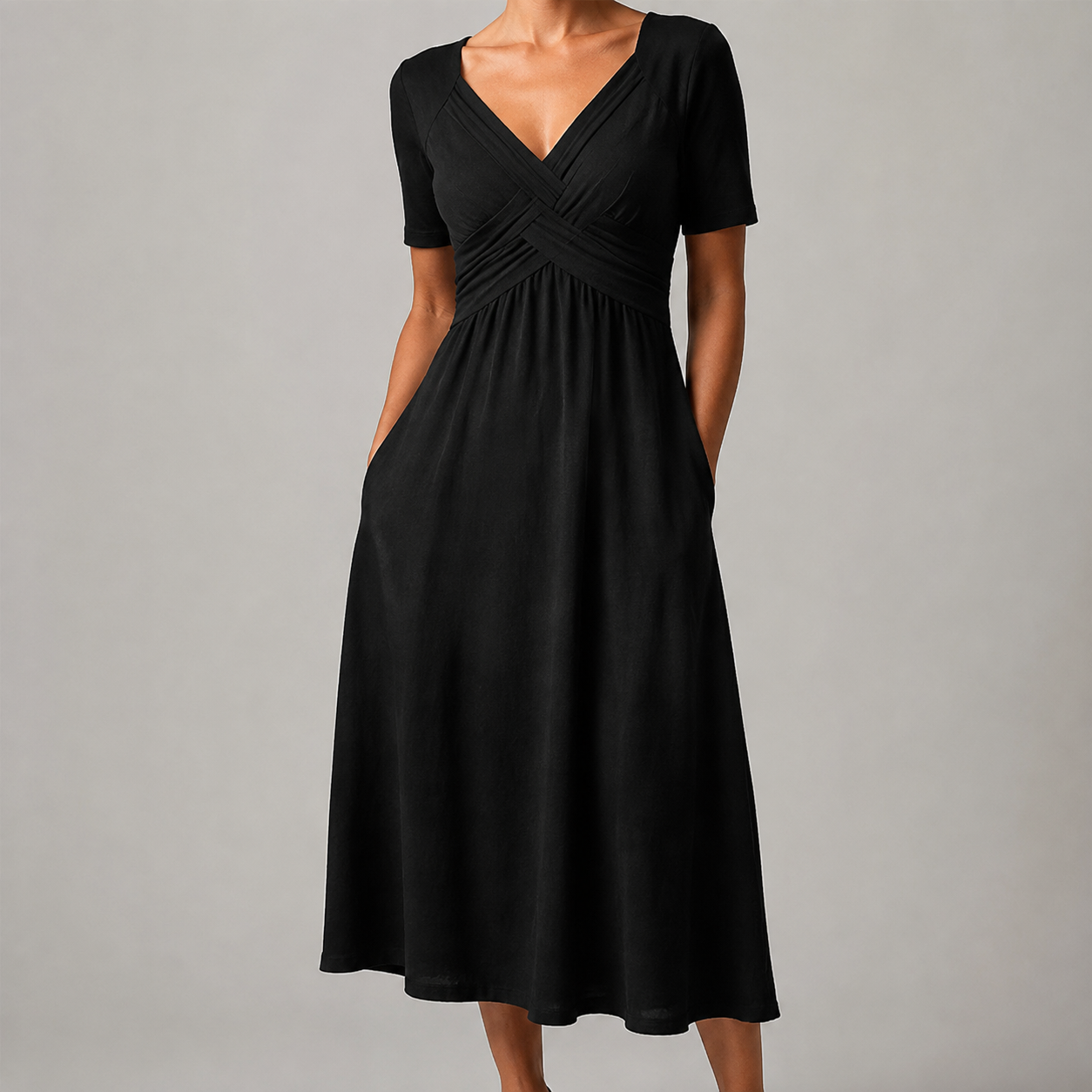 Villefranche Crossover V Neck Pocket Midi Dress