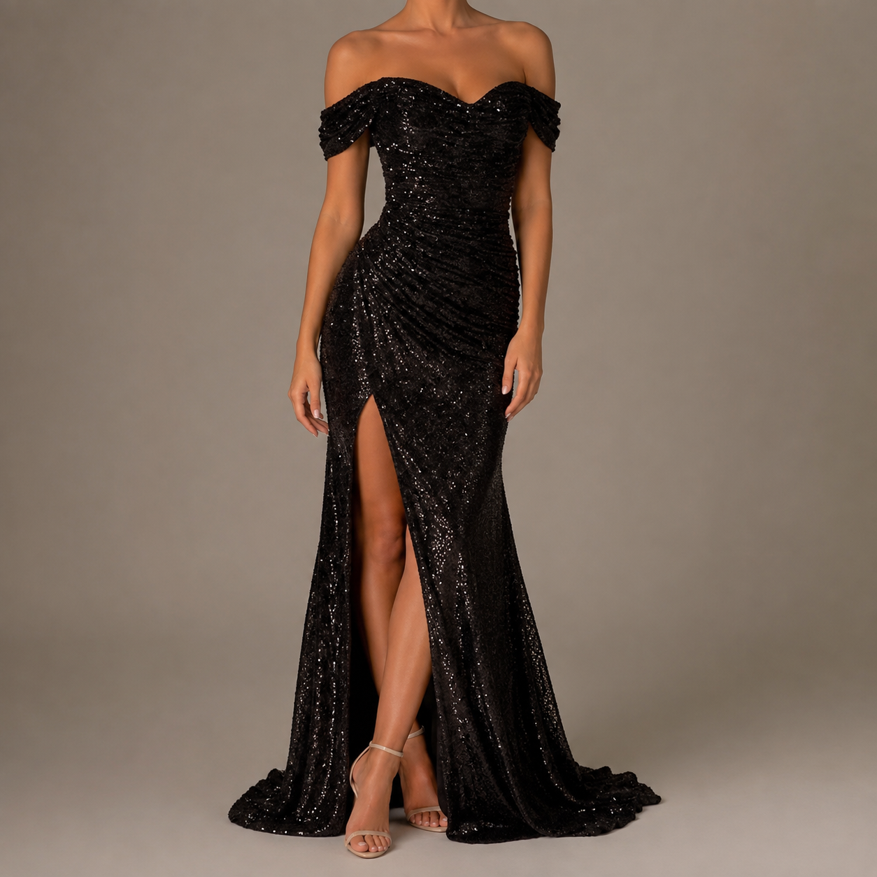 Gordes Off Shoulder Sequin Slit Gown