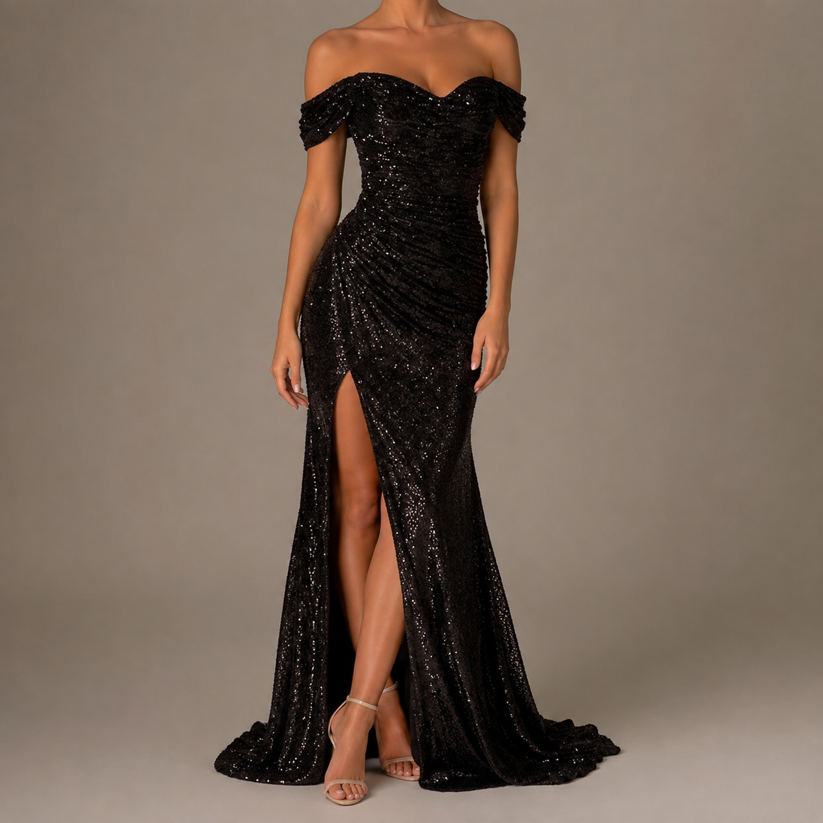 Gordes Off Shoulder Sequin Slit Gown