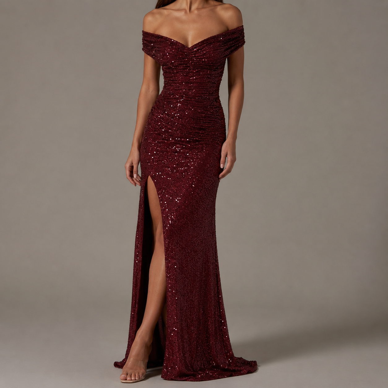 Gordes Off Shoulder Sequin Slit Gown