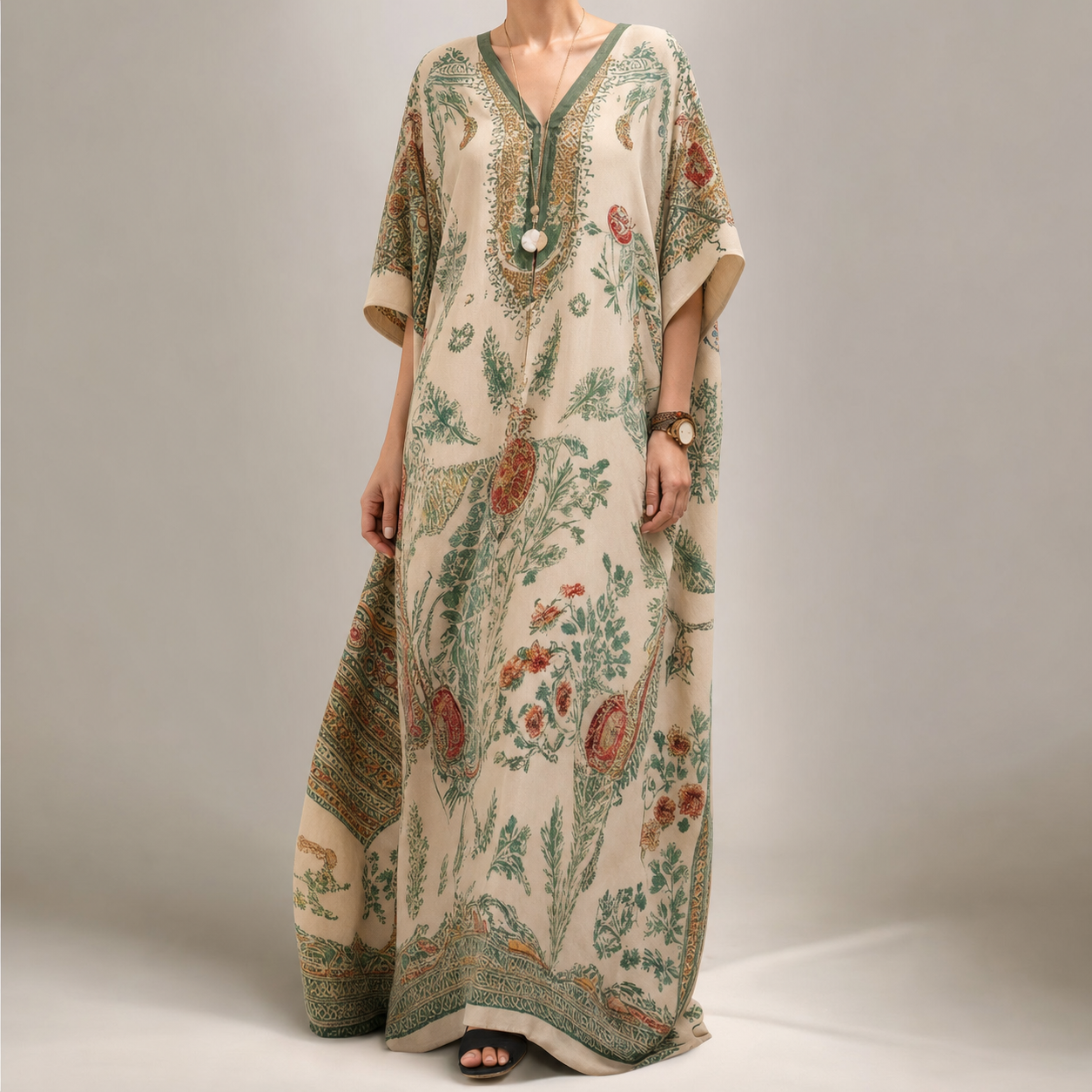 Perugia Printed V Neck Kaftan Maxi Dress