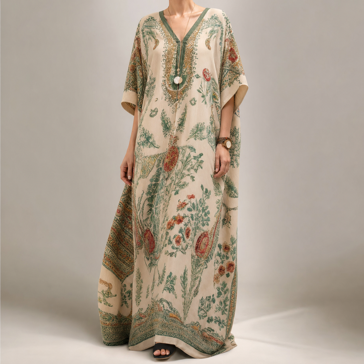 Perugia Printed V Neck Kaftan Maxi Dress