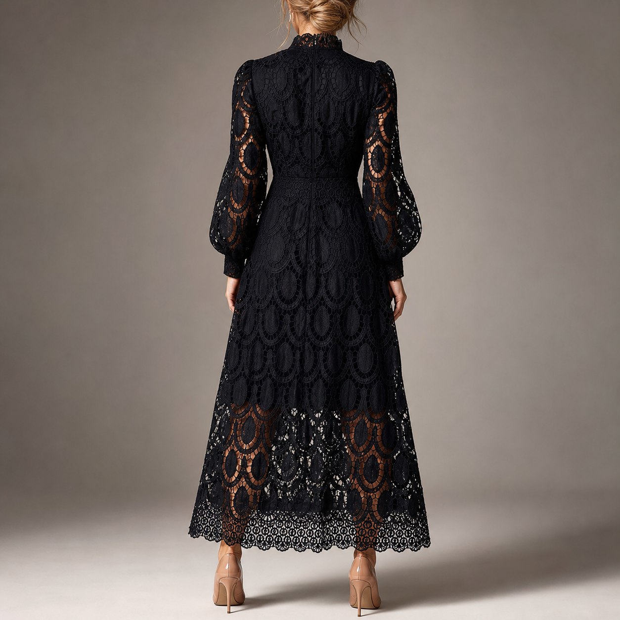 Asti High Neck Lace Balloon Sleeve Maxi Dress