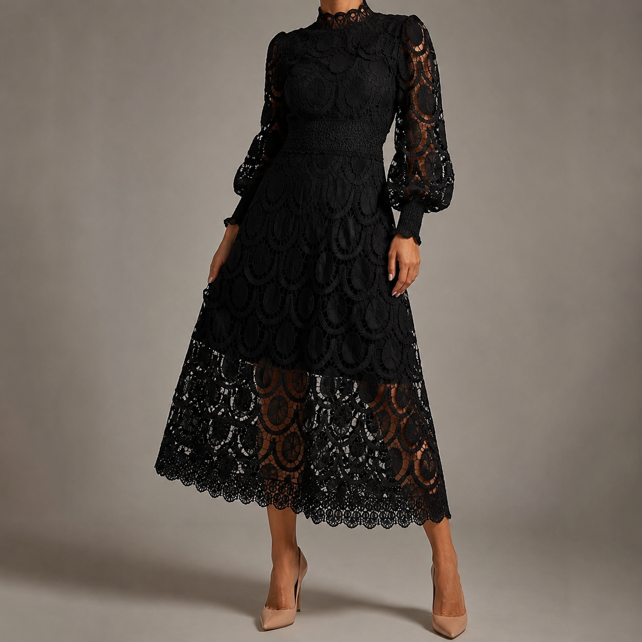 Asti High Neck Lace Balloon Sleeve Maxi Dress