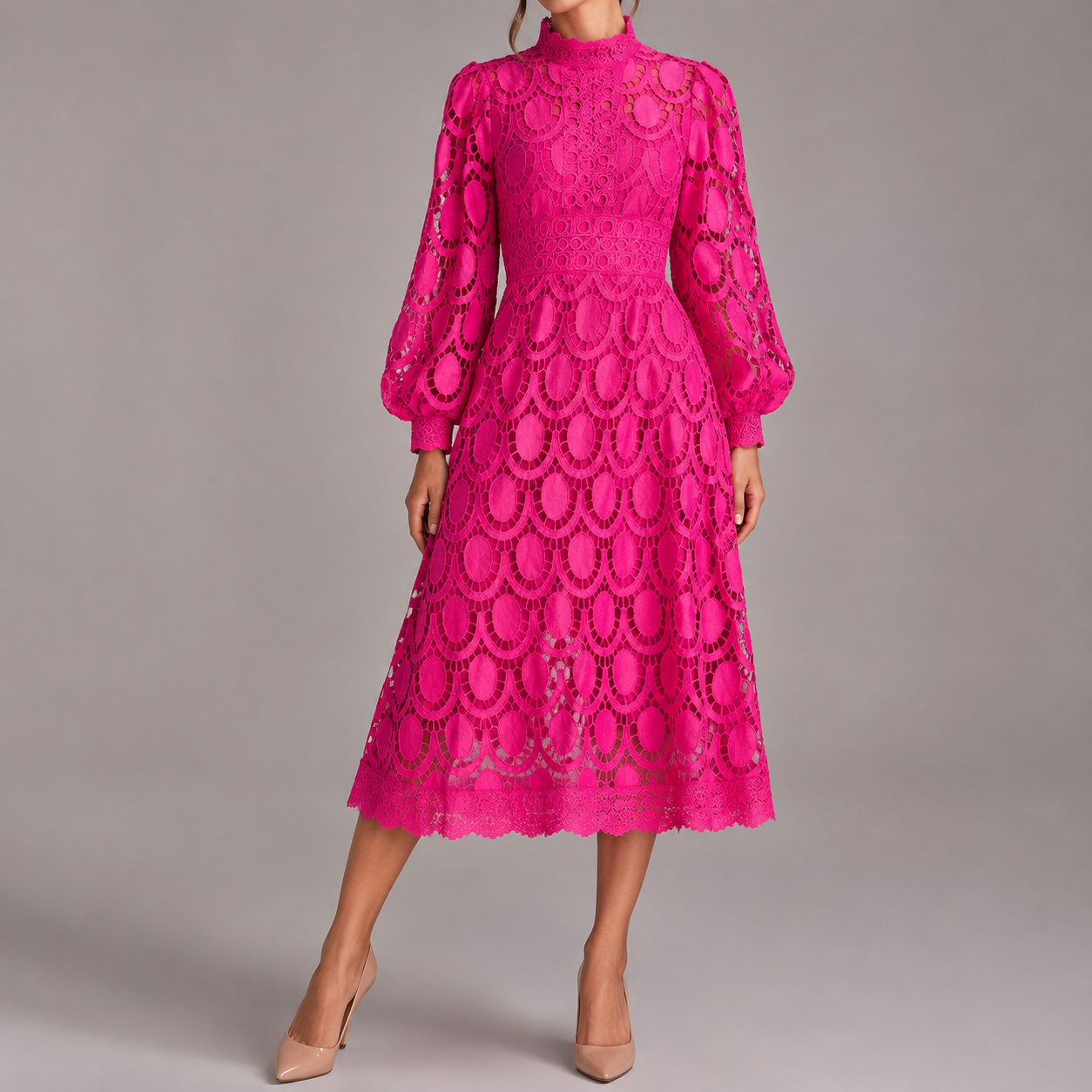 Asti High Neck Lace Balloon Sleeve Maxi Dress
